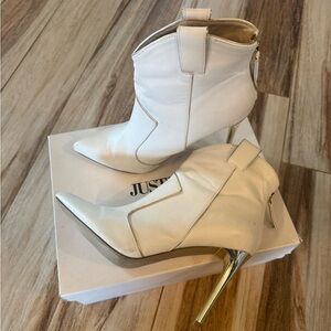 JustFab Cream Heeled Boots with Metallic Gold Accent
